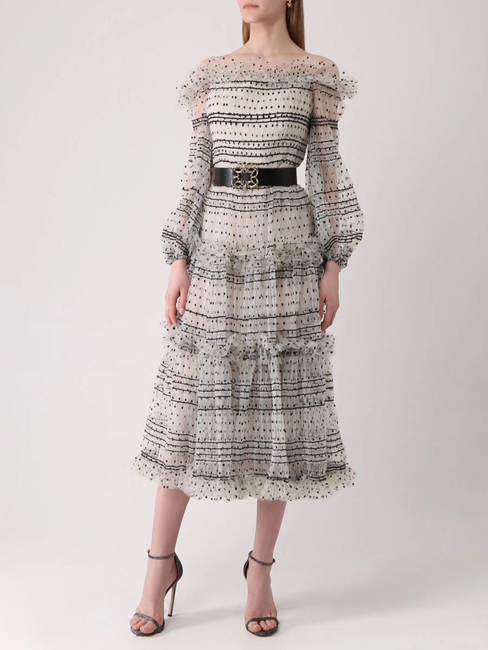 $5990 Elie Saab Polka-Dot Flocked Tulle Midi Dress Size FR42